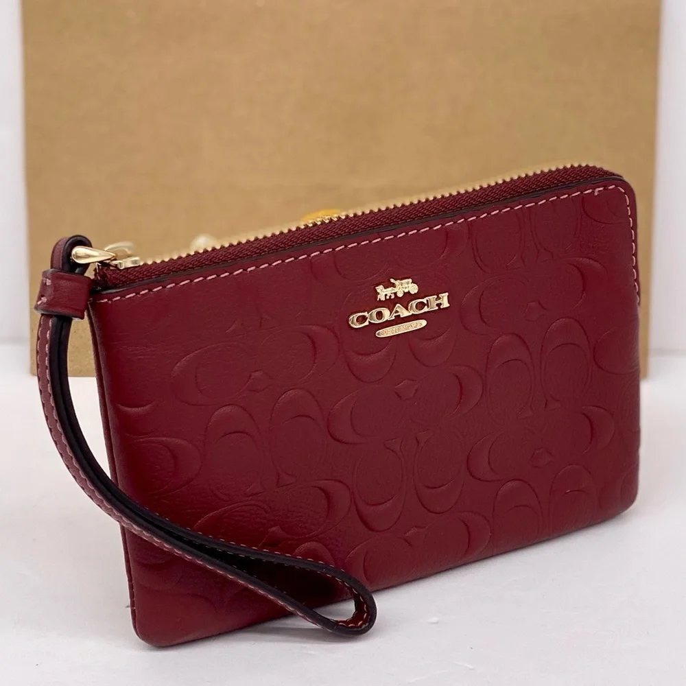 Coach Corner Zip Signature Leather Wristlet Wallet